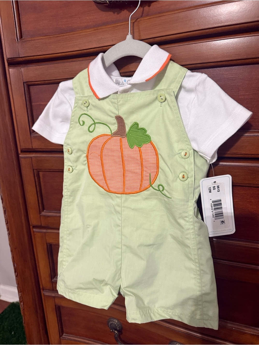 Petit Ami Light Green Pumpkin Applique Romper Set with White Polo